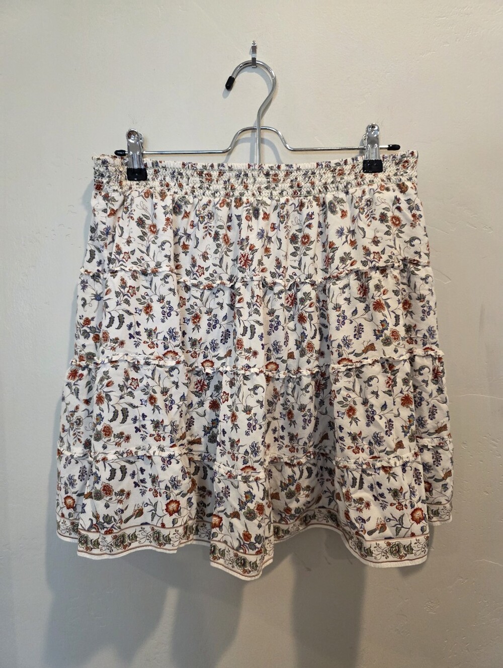 Max Studio White Floral Tiered Skirt with Rust and Purple Blooms
